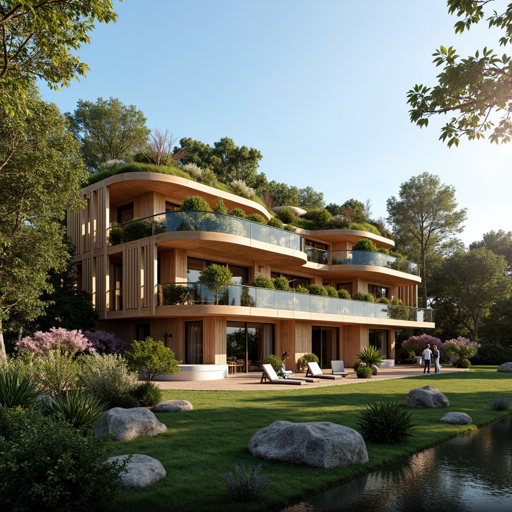 Prompt: Organic villa facade, curved lines, biomimetic forms, natural materials, reclaimed wood, living walls, green roofs, solar panels, wind turbines, water harvesting systems, eco-friendly insulation, large windows, sliding glass doors, panoramic views, soft warm lighting, shallow depth of field, 3/4 composition, realistic textures, ambient occlusion, lush vegetation, blooming flowers, serene atmosphere, sunny day, gentle breeze.