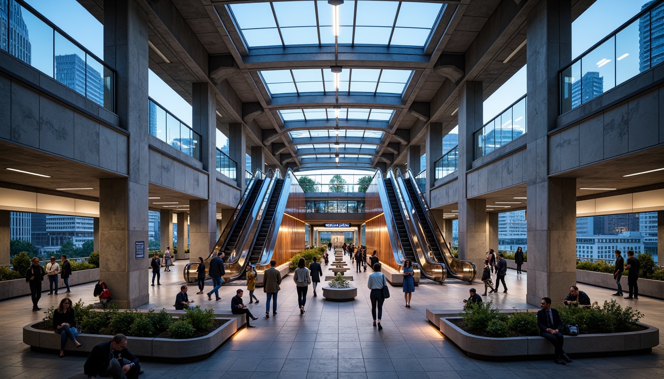 Prompt: Modern metro station, sleek glass roofs, steel beams, concrete columns, futuristic escalators, vibrant LED lighting, urban cityscape, busy pedestrian traffic, rush hour atmosphere, natural stone flooring, metallic accents, geometric patterns, angular lines, minimalist design, efficient passenger flow, clear signage, intuitive wayfinding, comfortable seating areas, ambient occlusion, shallow depth of field, 3/4 composition, panoramic view.