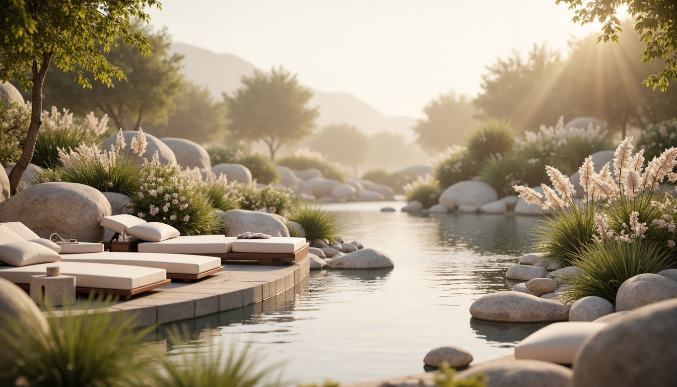 Prompt: Soft pastel hues, calming atmosphere, serene natural surroundings, gentle water features, lush greenery, blooming flowers, warm beige tones, creamy whites, pale blues, soothing mauves, earthy terracottas, subtle texture contrasts, organic shapes, minimalist composition, shallow depth of field, 1/1 aspect ratio, soft focus, warm golden lighting, realistic renderings.