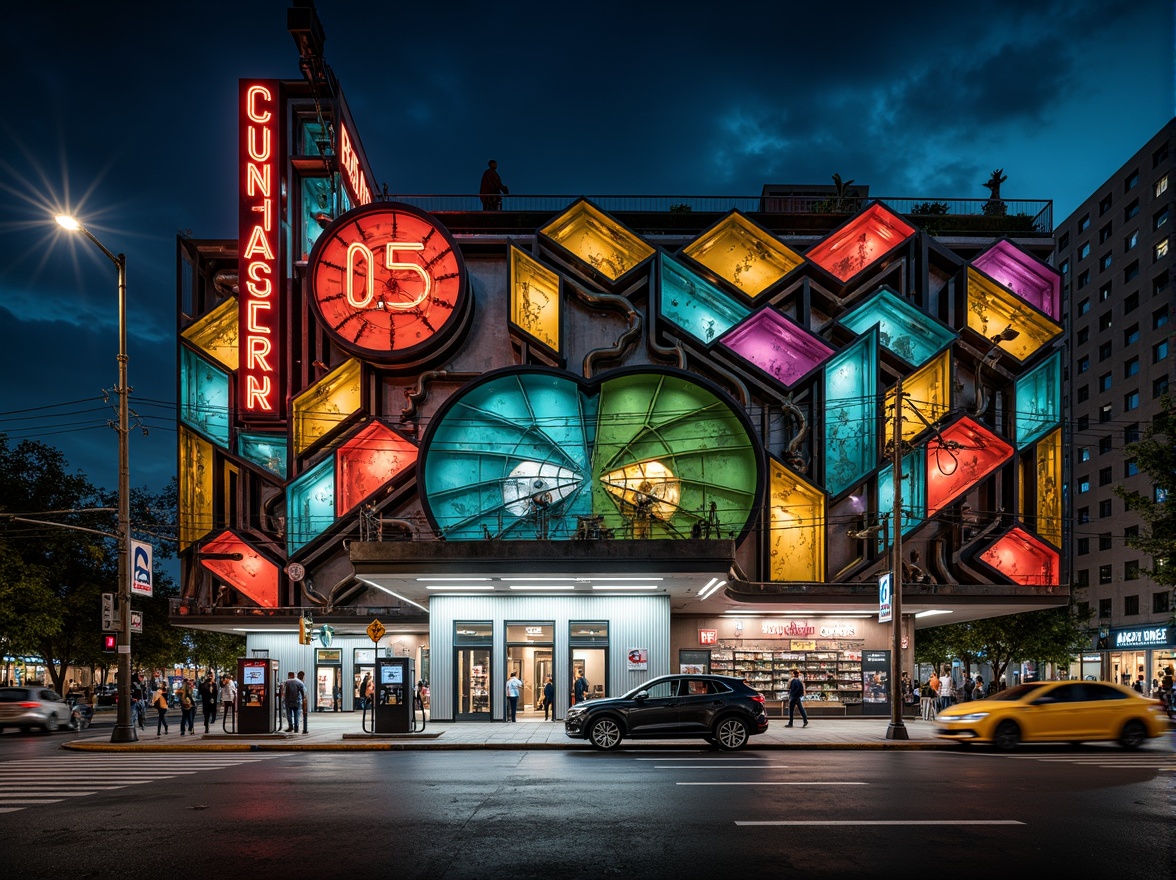 Prompt: Vibrant gas station, eclectic facade design, bold color scheme, irregular shapes, mixed materials, industrial pipes, neon signs, retro-futuristic elements, distressed textures, urban landscape, busy streets, city lights, dramatic night lighting, high-contrast shadows, dynamic composition, 1/2 format, cinematic atmosphere, realistic reflections.