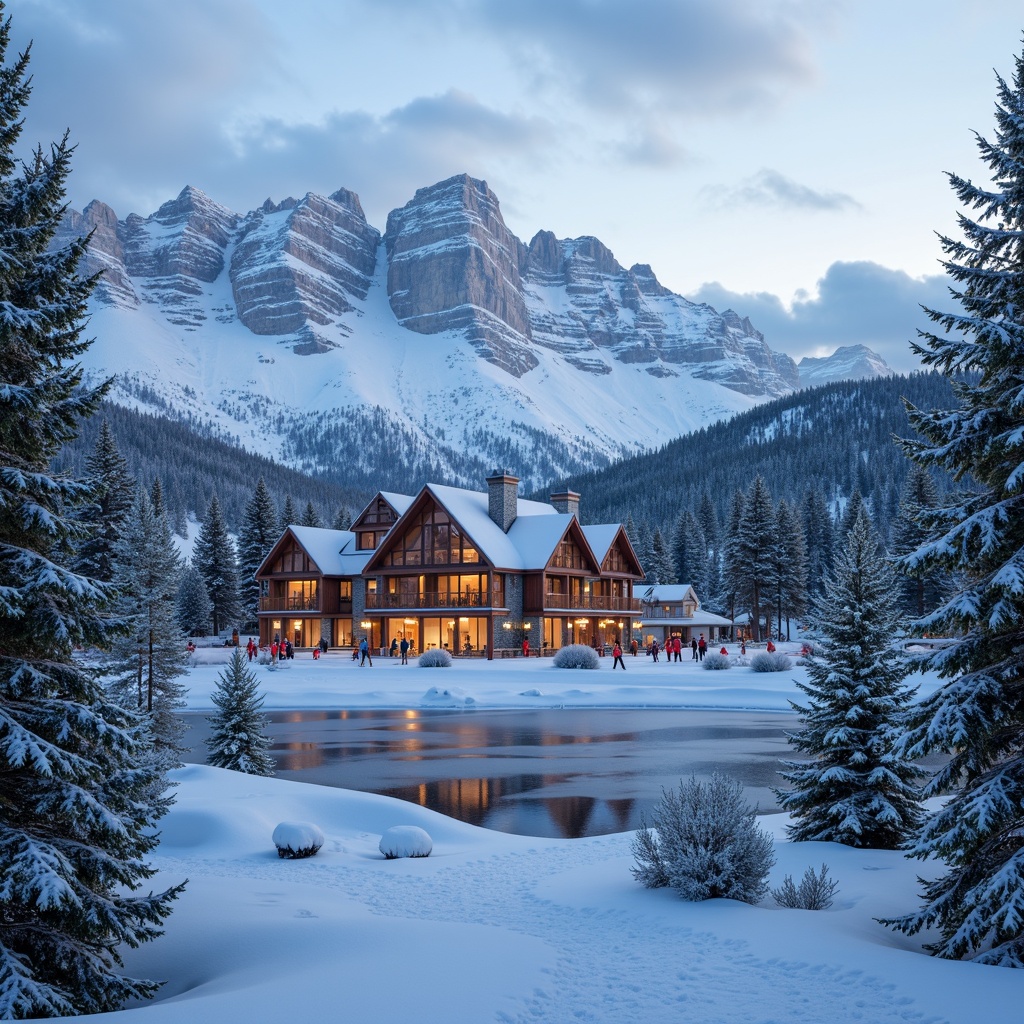 Prompt: Snow-capped mountains, frosty pine trees, icy blue skies, warm wooden lodges, rustic stone fireplaces, cozy ski resort atmosphere, vibrant orange safety vests, bright red ski lifts, powder snow textures, frozen lake reflections, misty morning fog, soft warm lighting, shallow depth of field, 1/1 composition, realistic winter scenery, ambient occlusion.