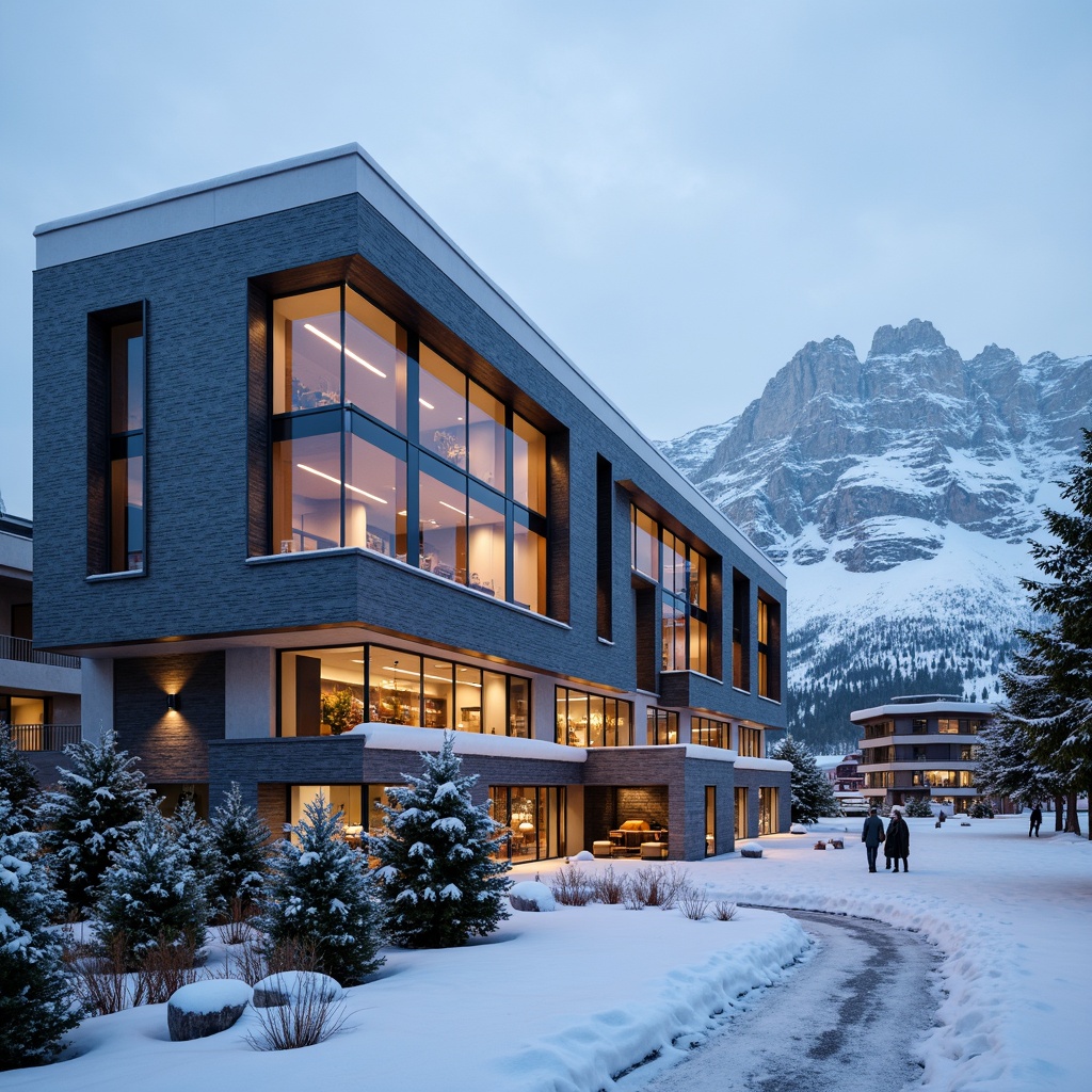 Prompt: Snow-capped mountains, frosty mornings, ski resort architecture, modern facade design, angular lines, metallic materials, glass surfaces, LED lighting installations, dynamic patterns, kinetic structures, wind-resistant designs, snow-load calculations, thermal insulation systems, energy-efficient solutions, sustainable building practices, wooden accents, rustic textures, cozy interior ambiance, warm lighting effects, 3/4 composition, shallow depth of field, panoramic views, realistic renderings, ambient occlusion.