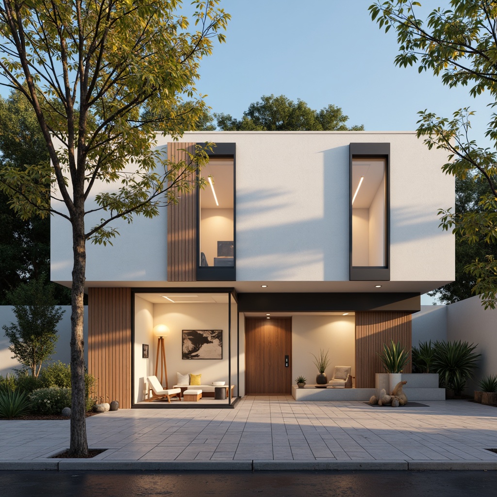 Prompt: Simple dental clinic facade, clean lines, minimal ornamentation, large glass windows, sliding doors, neutral color palette, white walls, wooden accents, subtle textures, natural stone flooring, modern LED lighting, soft warm ambiance, shallow depth of field, 1/1 composition, realistic reflections, ambient occlusion, urban cityscape, morning sunlight, gentle shadows.