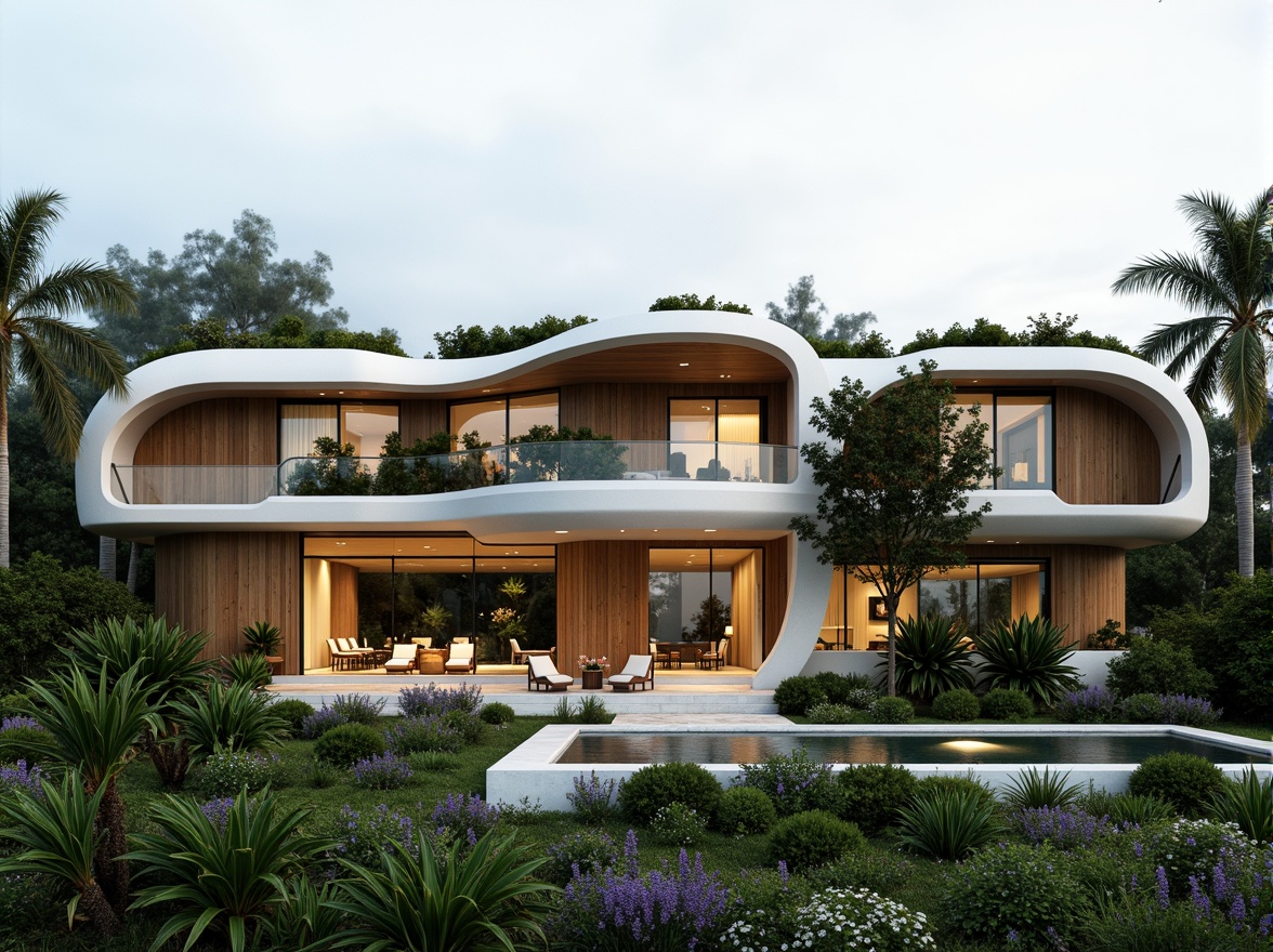 Prompt: Organic villa facade, curvaceous lines, biomimetic forms, green roofs, living walls, natural stone cladding, reclaimed wood accents, large windows, sliding glass doors, panoramic views, cantilevered structures, fluid shapes, dynamic volumes, futuristic aesthetic, sustainable materials, energy-efficient systems, lush vegetation, tropical plants, misty atmosphere, soft warm lighting, shallow depth of field, 1/1 composition, realistic textures, ambient occlusion.