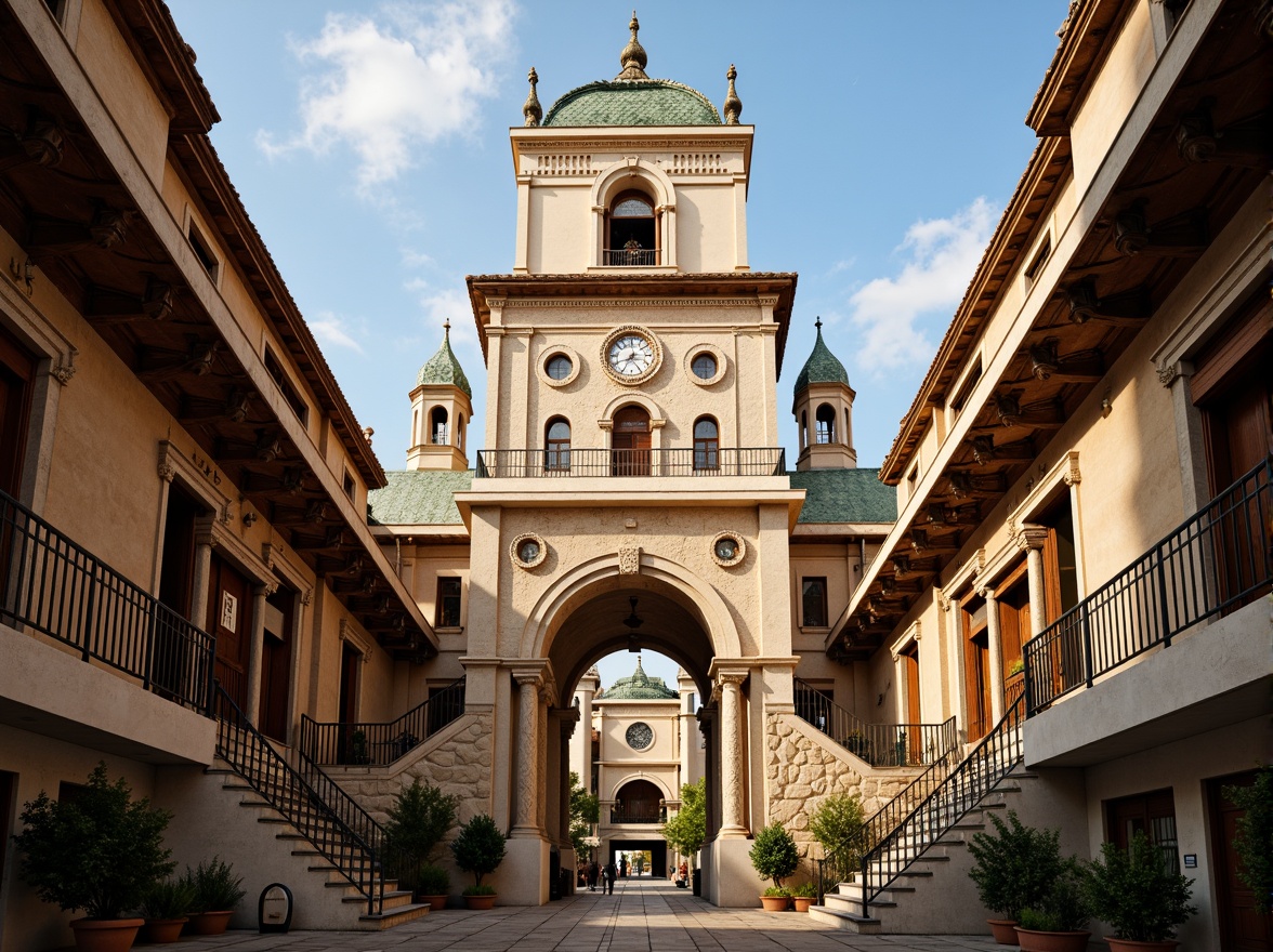 Prompt: Grandiose tower structure, Renaissance Revival style, ornate stone carvings, intricate Gothic arches, majestic clock towers, copper roofing, grand entrance halls, sweeping staircases, ornamental balconies, classical columns, rusticated bases, symmetrical facades, warm golden lighting, dramatic shadows, 1/2 composition, low-angle shot, realistic textures, ambient occlusion.