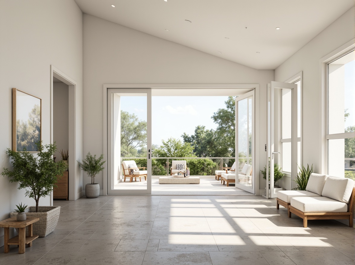 Prompt: Simple white walls, large windows, sliding glass doors, natural stone floors, minimal ornamentation, clean lines, monochromatic color scheme, abundant natural light, bright airy atmosphere, sparse greenery, potted plants, wooden accents, subtle textures, soft warm lighting, shallow depth of field, 3/4 composition, panoramic view, realistic reflections, ambient occlusion.