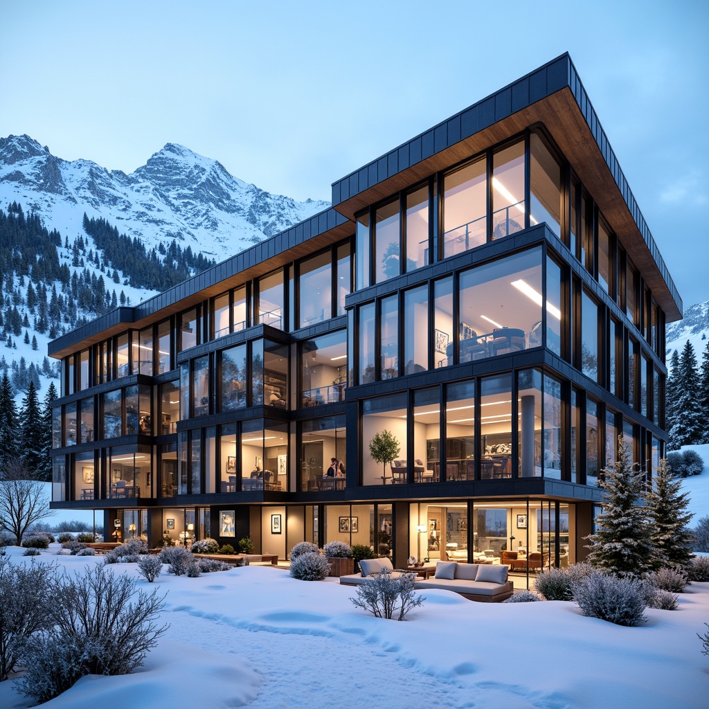 Prompt: Snow-capped mountains, frosty mornings, ski resort architecture, modern facade design, angular lines, metallic materials, glass surfaces, LED lighting installations, dynamic patterns, kinetic structures, wind-resistant designs, snow-load calculations, thermal insulation systems, energy-efficient solutions, sustainable building practices, wooden accents, rustic textures, cozy interior ambiance, warm lighting effects, 3/4 composition, shallow depth of field, panoramic views, realistic renderings, ambient occlusion.