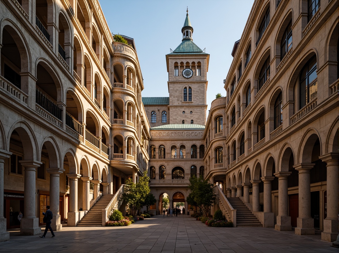 Prompt: Grandiose tower structure, Renaissance Revival style, ornate stone carvings, intricate Gothic arches, majestic clock towers, copper roofing, grand entrance halls, sweeping staircases, ornamental balconies, classical columns, rusticated bases, symmetrical facades, warm golden lighting, dramatic shadows, 1/2 composition, low-angle shot, realistic textures, ambient occlusion.