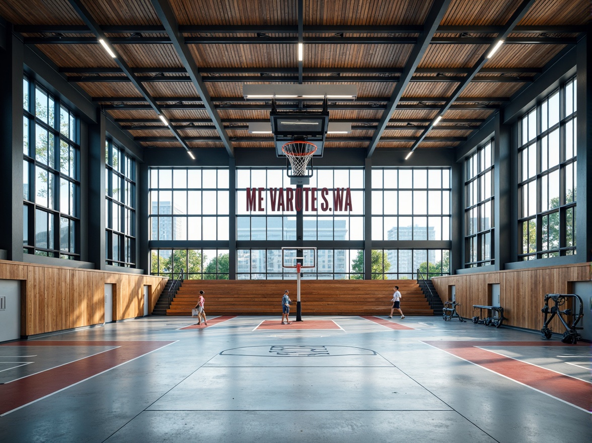 Prompt: Modern gymnasium interior, exposed structural frame, sleek steel beams, minimalist columns, polished concrete floors, industrial-style lighting, large windows, natural ventilation, open spaces, athletic equipment, basketball hoops, volleyball nets, exercise machines, wooden bleachers, dynamic color scheme, bold typography, geometric patterns, urban atmosphere, high ceilings, abundant natural light, shallow depth of field, 1/1 composition, realistic textures, ambient occlusion.