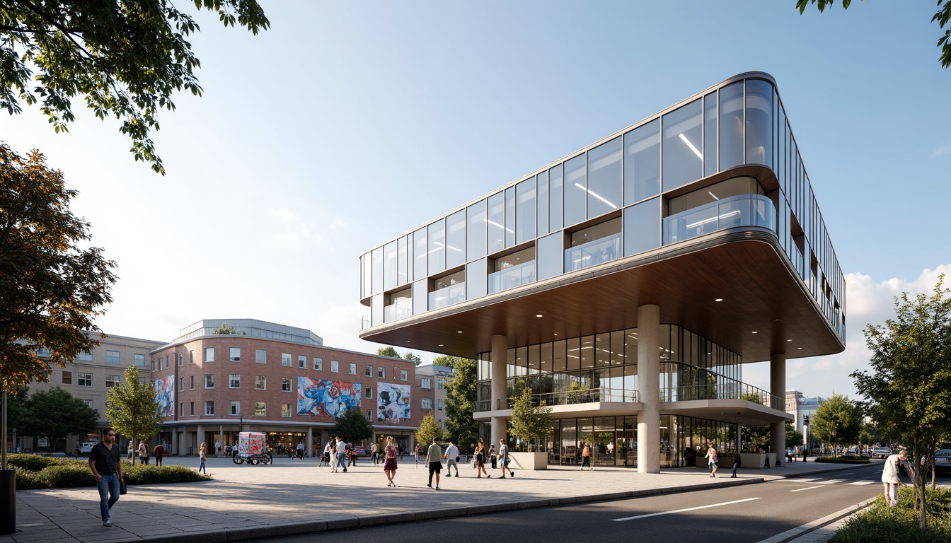 Prompt: Modern community center, international style, curved lines, minimalist aesthetic, large glass facades, steel frames, cantilevered roofs, open public plaza, vibrant street art, urban landscape, bustling city life, morning sunlight, soft shadows, 1/1 composition, realistic materials, ambient occlusion.