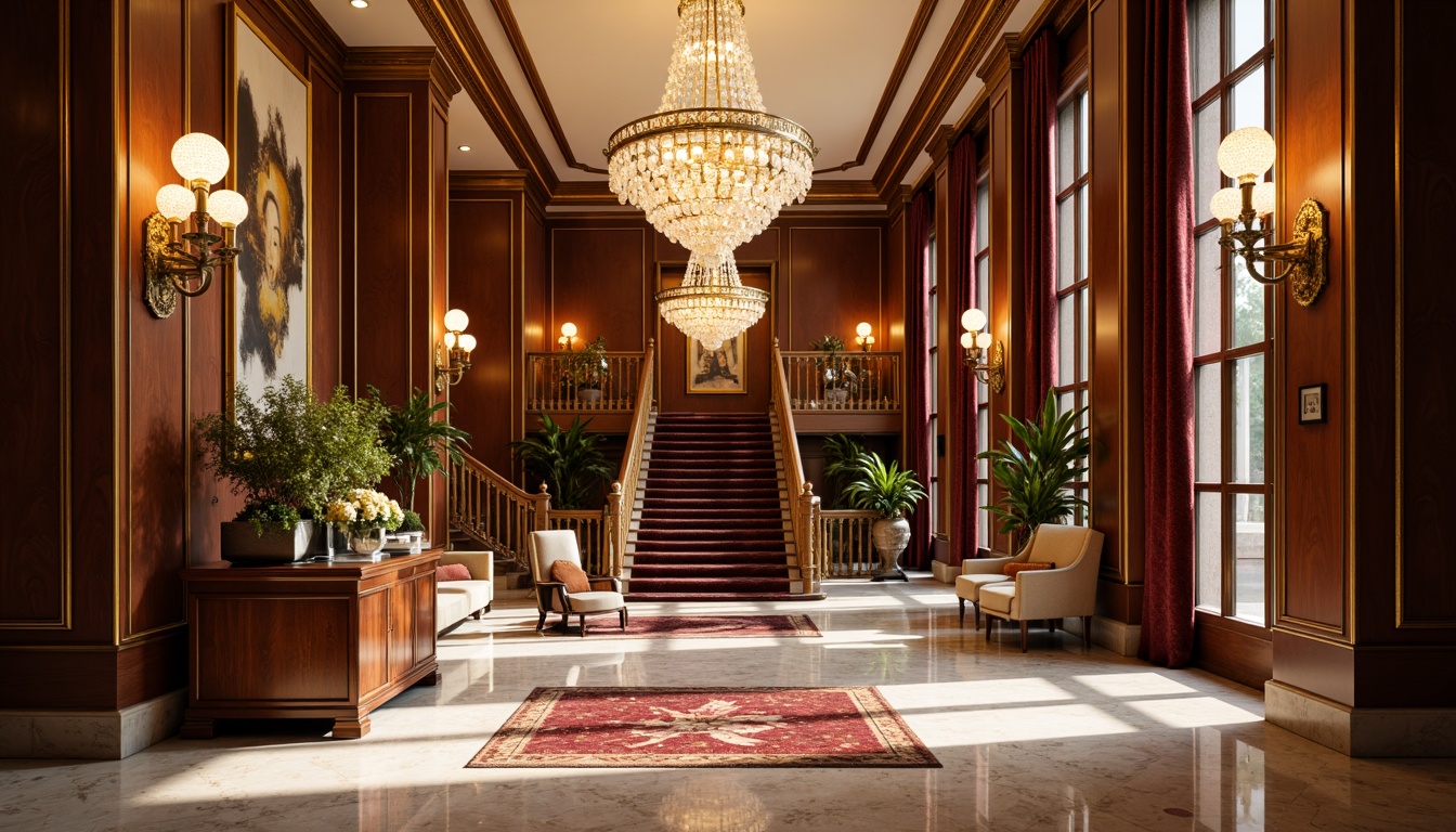 Prompt: Luxurious hotel lobby, marble floors, ornate chandeliers, grand staircase, rich wood paneling, velvet drapes, golden accents, intricate moldings, neoclassical columns, crystal sconces, plush furnishings, soft warm lighting, shallow depth of field, 1/1 composition, realistic textures, ambient occlusion.