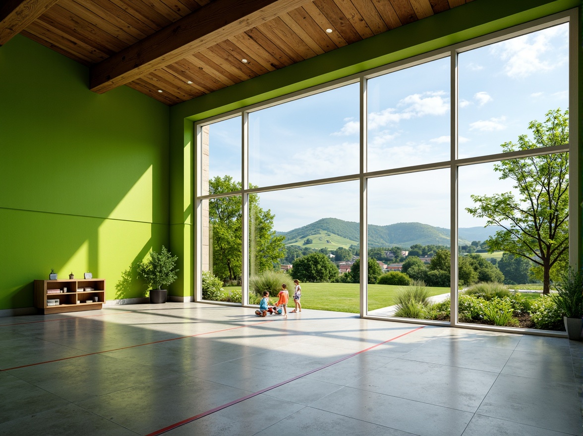 Prompt: Vibrant gymnasium interior, lush green walls, natural stone flooring, wooden accents, floor-to-ceiling windows, abundant daylight, panoramic views, outdoor landscape integration, rolling hills, verdant meadows, serene water features, walking trails, athletic tracks, sports equipment, modern architecture, minimalist design, eco-friendly materials, sustainable energy solutions, solar panels, shaded outdoor spaces, misting systems, realistic textures, ambient occlusion, shallow depth of field, 3/4 composition.