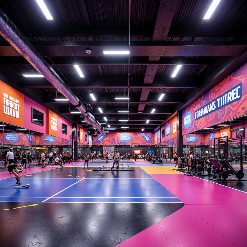 Prompt: Vibrant gym interior, bold color scheme, energetic atmosphere, dynamic sports equipment, motivational quotes, modern flooring materials, bright overhead lighting, high ceilings, spacious open areas, athletic tracks, basketball courts, tennis tables, exercise machines, free weights, yoga mats, mirrored walls, sleek metal beams, industrial-style ductwork, urban-inspired graffiti, neon-lit accents, 3/4 composition, shallow depth of field, realistic textures, ambient occlusion.