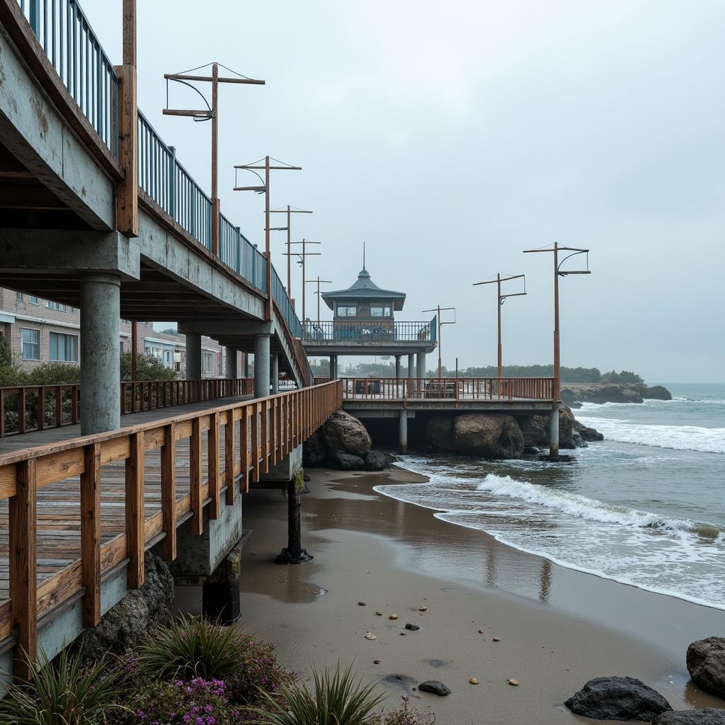 Prompt: Weathered steel bridges, rustic wooden piers, ocean-inspired railings, driftwood accents, sea-salted concrete foundations, coral-patterned stonework, misty morning light, soft ocean breeze, gentle wave movements, sandy beach approaches, rocky shoreline surroundings, nautical-themed signage, distressed metal textures, ocean-blue glass railings, curved structural lines, minimalist modern architecture, functional lighting systems, shallow water reflections, 1/2 composition, atmospheric perspective.