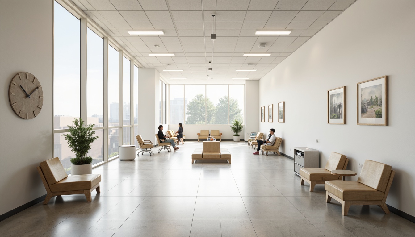 Prompt: Minimalist hospital interior, clean white walls, polished concrete floors, simple wooden furniture, sleek metal equipment, natural light pouring in through large windows, calming greenery, subtle ambient lighting, soft beige tones, ergonomic seating areas, quiet waiting zones, private patient rooms, modern medical devices, stainless steel surfaces, sterile environments, organized storage spaces, efficient circulation paths, 1/1 composition, shallow depth of field, realistic textures.