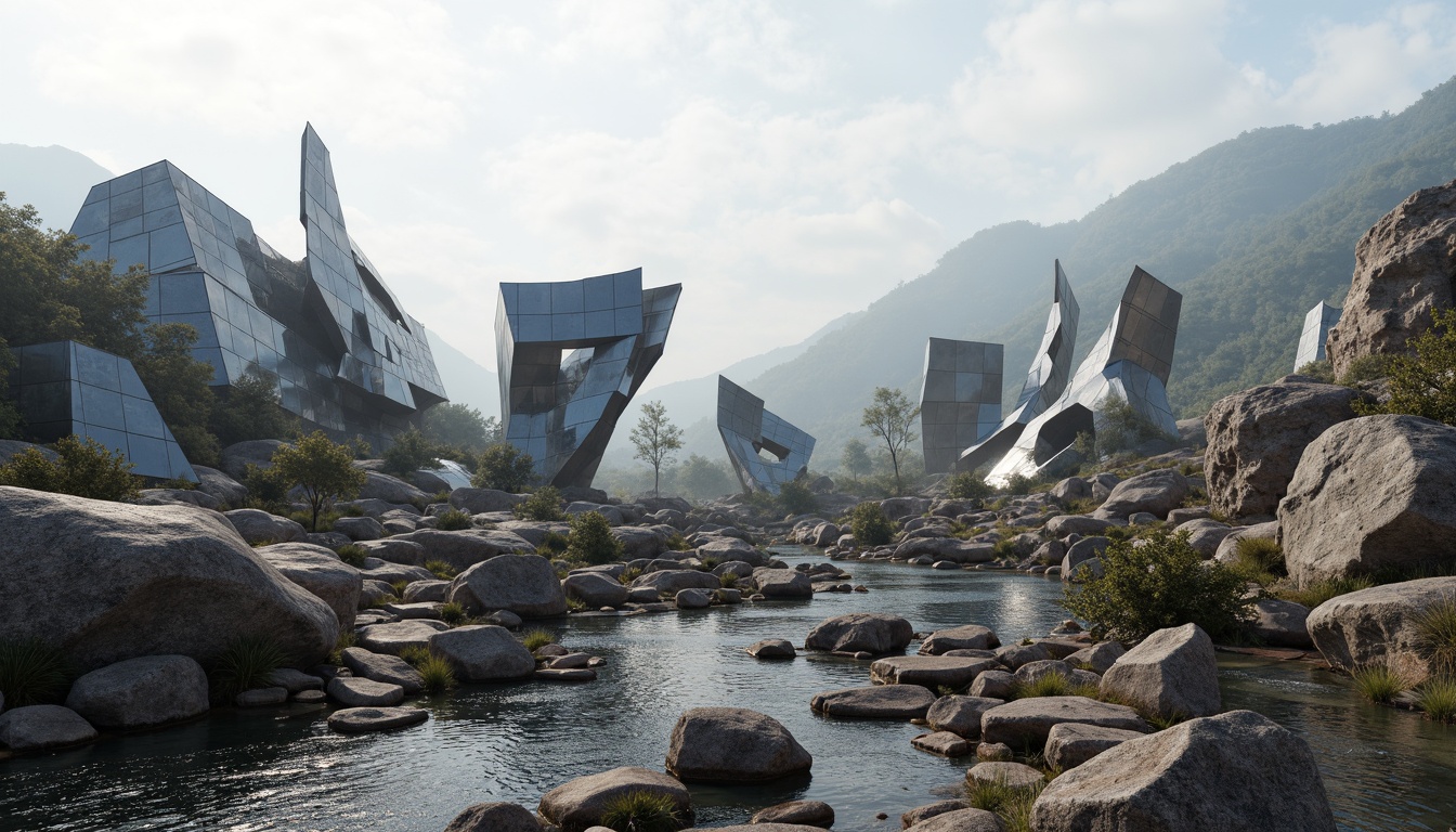 Prompt: Fragmented landscape, rocky outcrops, meandering paths, abstract sculptures, deconstructed buildings, irregular forms, fractured lines, dynamic volumes, cantilevered structures, reflective surfaces, metallic materials, bold color contrasts, dramatic lighting effects, misty atmosphere, shallow depth of field, 1/1 composition, panoramic view, realistic textures, ambient occlusion.