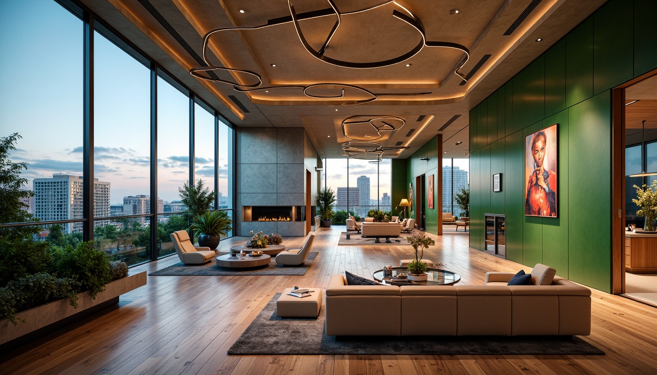 Prompt: Luxurious penthouse interior, metabolism-inspired design, sleek metallic accents, reclaimed wood flooring, floor-to-ceiling windows, panoramic city views, minimalist decor, futuristic lighting fixtures, curved lines, organic shapes, vibrant green walls, living plants, natural stone countertops, high-gloss finishes, avant-garde furniture, bold color schemes, eclectic artwork, abstract sculptures, dramatic ceiling heights, open-plan layout, functional zones, cozy reading nooks, ambient warm lighting, shallow depth of field, 1/1 composition, realistic textures, subtle animations.