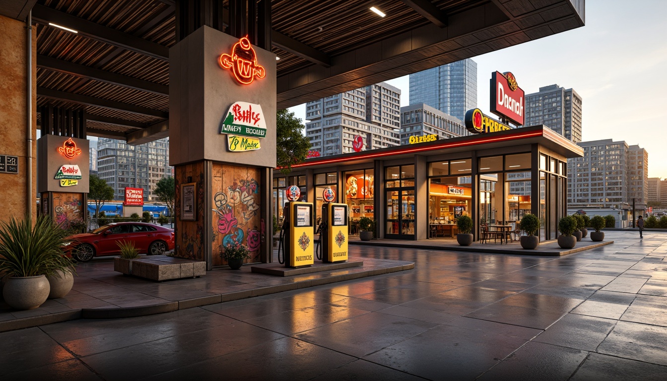 Prompt: Retro-futuristic gas station, eclectic mix of materials, distressed metal cladding, reclaimed wood accents, vibrant neon signs, bold color blocking, industrial-style lighting fixtures, polished concrete floors, exposed ductwork, corrugated steel roofs, ornate decorative tiles, vintage-inspired fuel pumps, modern LED signage, abstract graffiti murals, urban cityscape backdrop, warm golden hour lighting, shallow depth of field, 1/1 composition, realistic textures, ambient occlusion.