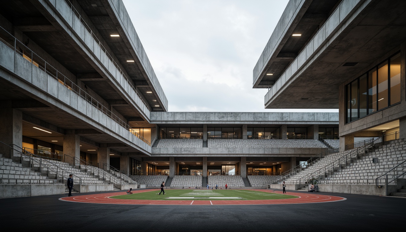 Prompt: Rugged concrete structures, brutalist architecture, grandstand seating, athletic tracks, sports facilities, industrial lighting, exposed ductwork, raw concrete walls, steel beams, minimalist decor, functional design, open spaces, natural ventilation, dramatic shadows, high ceilings, cantilevered balconies, urban landscape views, overcast skies, moody atmospheric lighting, 1/1 composition, symmetrical framing, realistic textures, ambient occlusion.