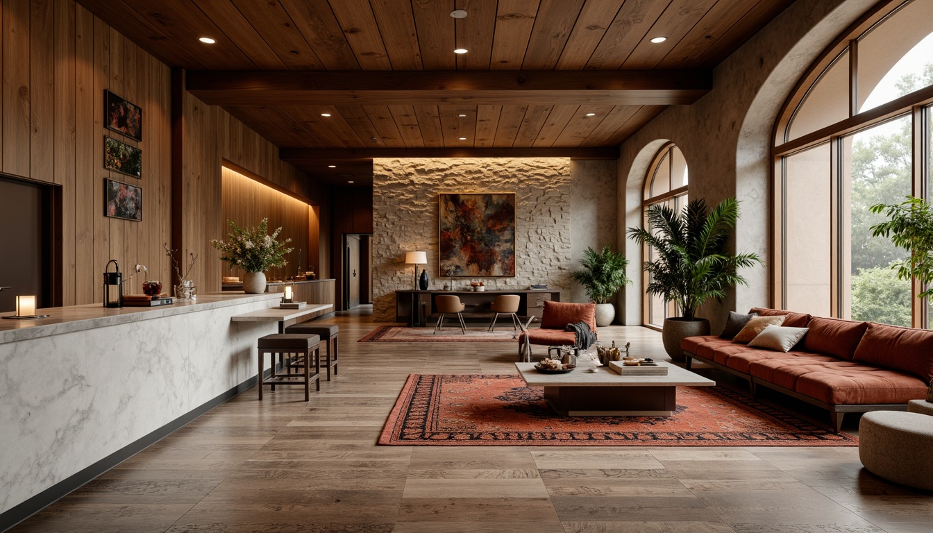 Prompt: Elegant interior space, rich wood accents, luxurious marble countertops, soft warm lighting, plush area rugs, comfortable velvet sofas, natural stone walls, reclaimed wooden floors, metallic decorative fixtures, earthy color palette, organic textures, subtle patterns, harmonious balance, 1/1 composition, shallow depth of field, realistic rendering.