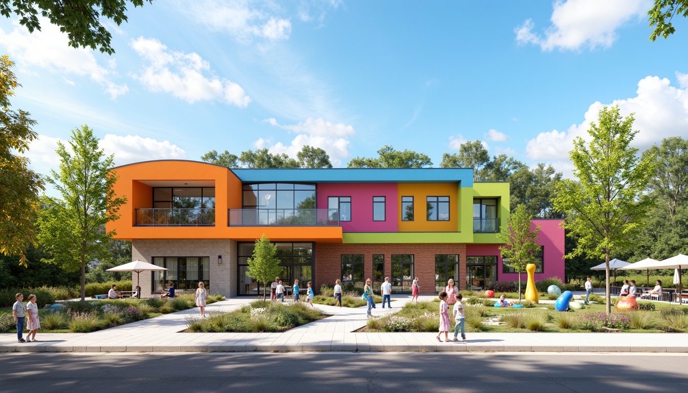 Prompt: Vibrant elementary school facade, playful color scheme, curved lines, modern architecture, large windows, glass doors, natural stone walls, brick accents, educational signage, whimsical sculptures, outdoor learning spaces, green roofs, solar panels, wind turbines, water conservation systems, eco-friendly materials, innovative cooling technologies, shaded outdoor areas, misting systems, colorful murals, geometric patterns, 3/4 composition, panoramic view, realistic textures, ambient occlusion.