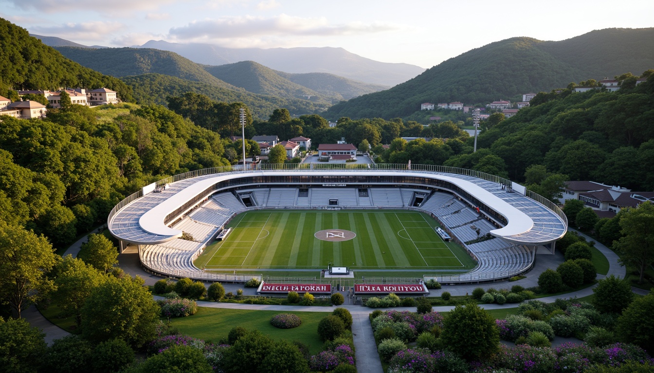 Prompt: Panoramic football stadium, lush green landscape, rolling hills, natural stone seating areas, vibrant flower beds, modern architecture, sleek metal structures, transparent roofs, cantilevered upper decks, dynamic lighting systems, misting systems, shaded spectator zones, eco-friendly materials, sustainable water management, integrated rainwater harvesting, native plant species, curved walkways, grand entrance gates, dramatic evening lighting, shallow depth of field, 3/4 composition, realistic textures, ambient occlusion.