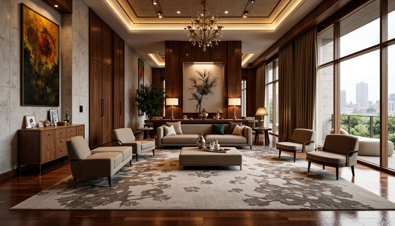 Prompt: Rich velvet fabrics, polished chrome accents, glossy marble countertops, warm walnut wood tones, soft suede upholstery, metallic silver leafing, crystal chandeliers, luxurious silk drapes, high-gloss lacquer finishes, ornate gold moldings, plush area rugs, creamy limestone walls, ambient LED lighting, dramatic floor-to-ceiling windows, opulent jewel-toned colors, lavish patterned textiles, sophisticated minimalist decor.