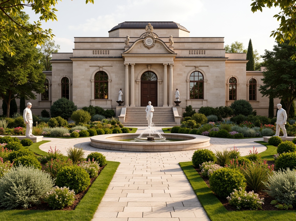 Prompt: Grand Renaissance-style museum building, ornate stone fa\u00e7ade, symmetrical gardens, manicured lawns, walking paths, ornamental fountains, statues of famous artists, blooming flowerbeds, topiary trees, classical sculptures, grand entrance stairs, columned porticos, natural stone paving, soft warm lighting, shallow depth of field, 3/4 composition, panoramic view, realistic textures, ambient occlusion.