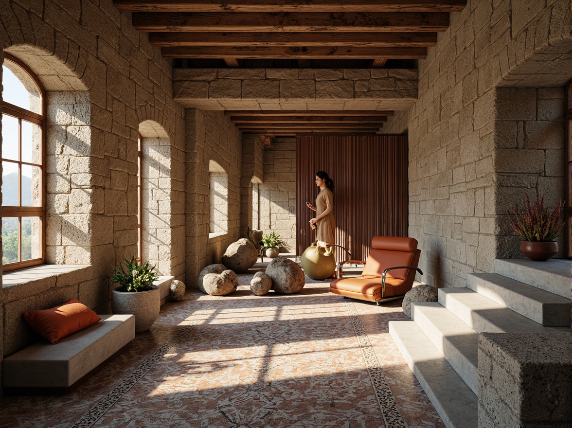 Prompt: Rough stone walls, weathered wooden planks, rusty metal accents, smooth concrete floors, intricate brick patterns, ornate tile mosaics, natural rock formations, earthy color palette, organic shapes, curved lines, modern minimalist aesthetic, abundant natural light, soft warm glow, shallow depth of field, 1/1 composition, realistic textures, ambient occlusion.