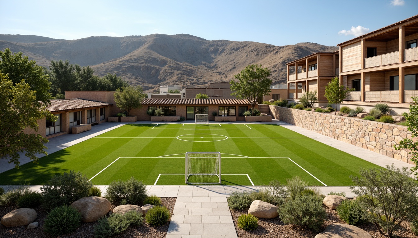 Prompt: Rustic sports field, undulating terrain, natural stone walls, weathered wood fences, vibrant green grass, athletic tracks, soccer goals, basketball hoops, tennis courts, modernist structural elements, exposed steel beams, concrete foundations, geometric shapes, minimalist landscaping, drought-resistant plants, succulent gardens, gravel pathways, sunny day, high-contrast lighting, dramatic shadows, 1/1 composition, symmetrical framing, realistic textures, ambient occlusion.