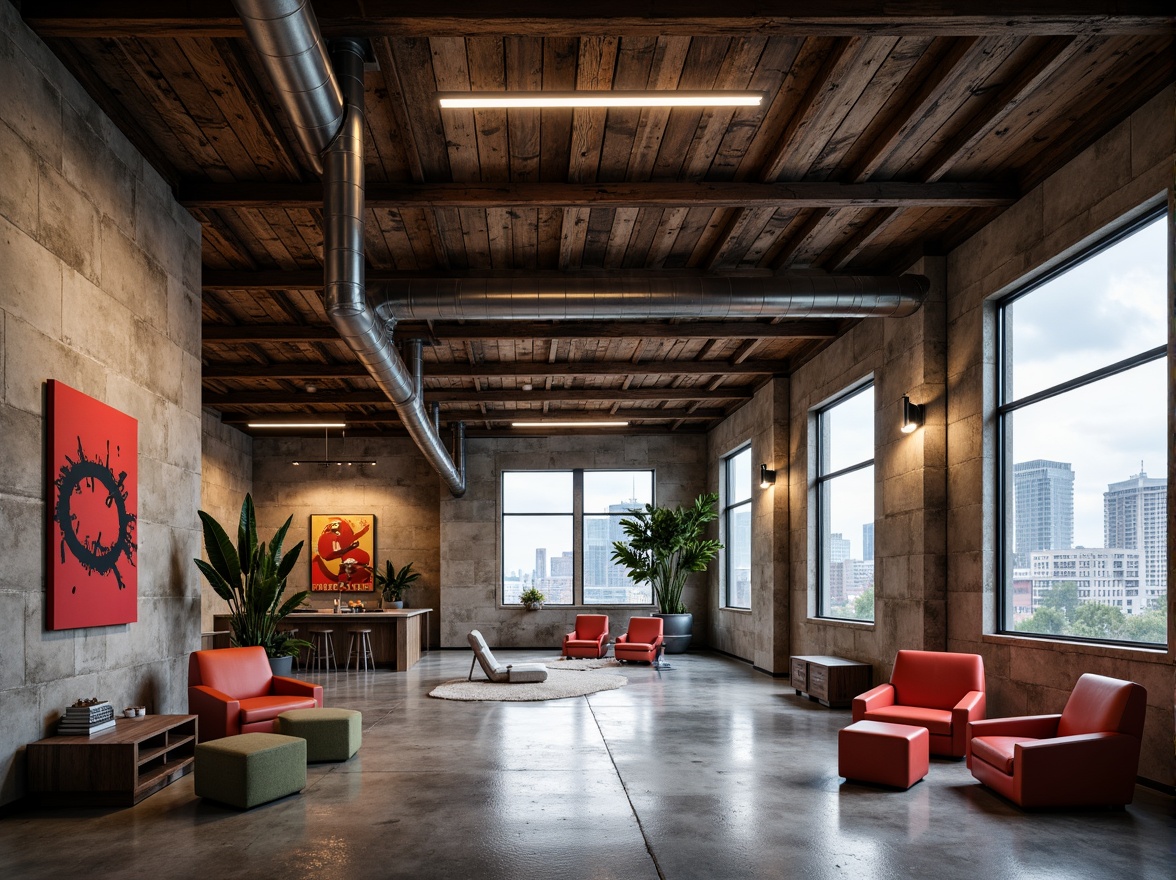 Prompt: Rustic metal beams, distressed wood planks, rough-hewn stone walls, industrial concrete floors, exposed ductwork, minimalist lighting fixtures, geometric-shaped furniture, bold color accents, abstract artwork, urban cityscape views, overcast skies, dramatic shadows, high-contrast lighting, 1/1 composition, symmetrical framing, gritty textures, ambient occlusion.