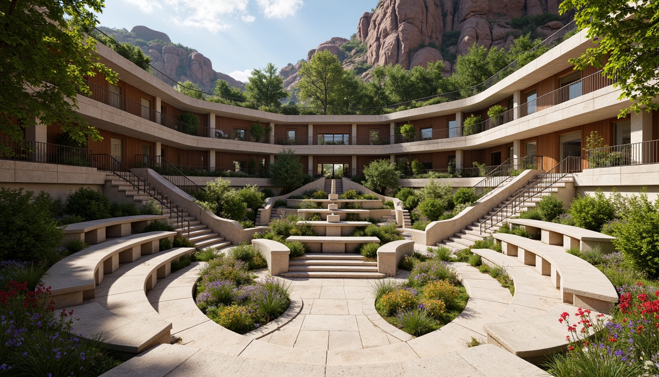 Prompt: Amphitheater-inspired constructivist architecture, grandiose stone steps, curved seating areas, ornate metal railings, lush greenery, vibrant flowers, natural rock formations, rustic wooden accents, earthy color palette, warm sunny day, soft diffused lighting, shallow depth of field, 3/4 composition, panoramic view, realistic textures, ambient occlusion.