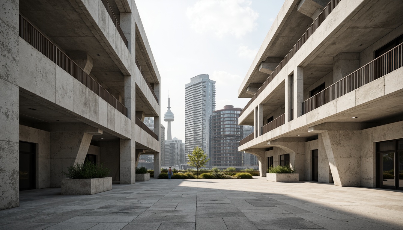 Prompt: Exposed concrete structures, industrial chic aesthetic, raw unfinished materials, brutalist architecture, functional simplicity, minimalist ornamentation, honest expression of function, clean lines, rectangular forms, cantilevered roofs, large windows, natural light, urban context, cityscape views, modern metropolitan feel, neutral color palette, subtle textures, 1/1 composition, high contrast lighting, dramatic shadows, realistic renderings.