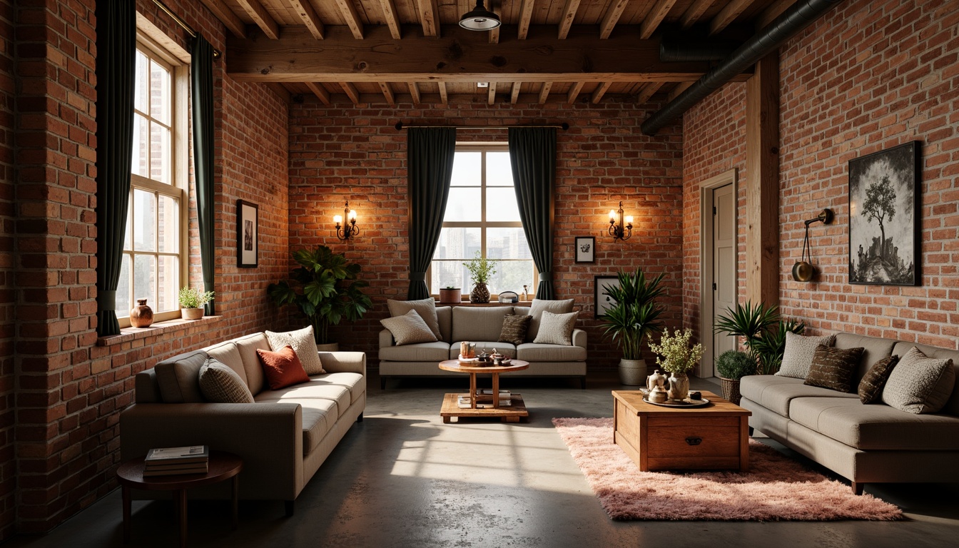 Prompt: Warm industrial loft, exposed brick walls, wooden beams, metal accents, soft warm lighting, cozy atmosphere, romantic ambiance, rich earthy tones, muted pastel hues, distressed wood textures, vintage decorative items, plush velvet fabrics, ornate metal fixtures, dimmable pendant lamps, eclectic artwork, natural stone flooring, reclaimed wood furniture, intimate seating areas, dramatic drapery, moody color palette, warm beige tones, soft peach accents, dusty rose undertones, muted sage greens, weathered copper details.