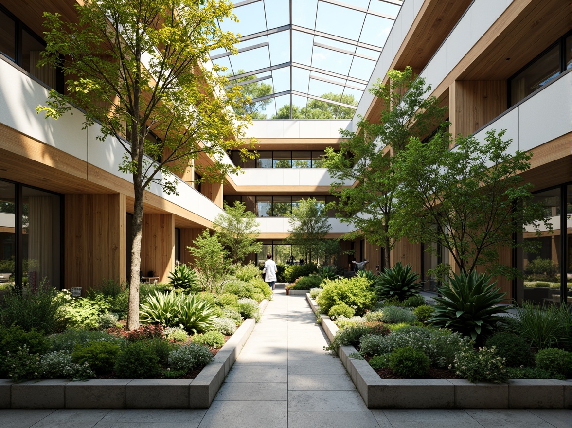 Prompt: Vibrant atrium, lush greenery, natural stone walls, wooden accents, floor-to-ceiling windows, clerestory windows, skylights, open floor plans, minimal obstructions, reflective surfaces, bright airy spaces, warm sunny days, soft diffused lighting, shallow depth of field, 1/1 composition, panoramic view, realistic textures, ambient occlusion.