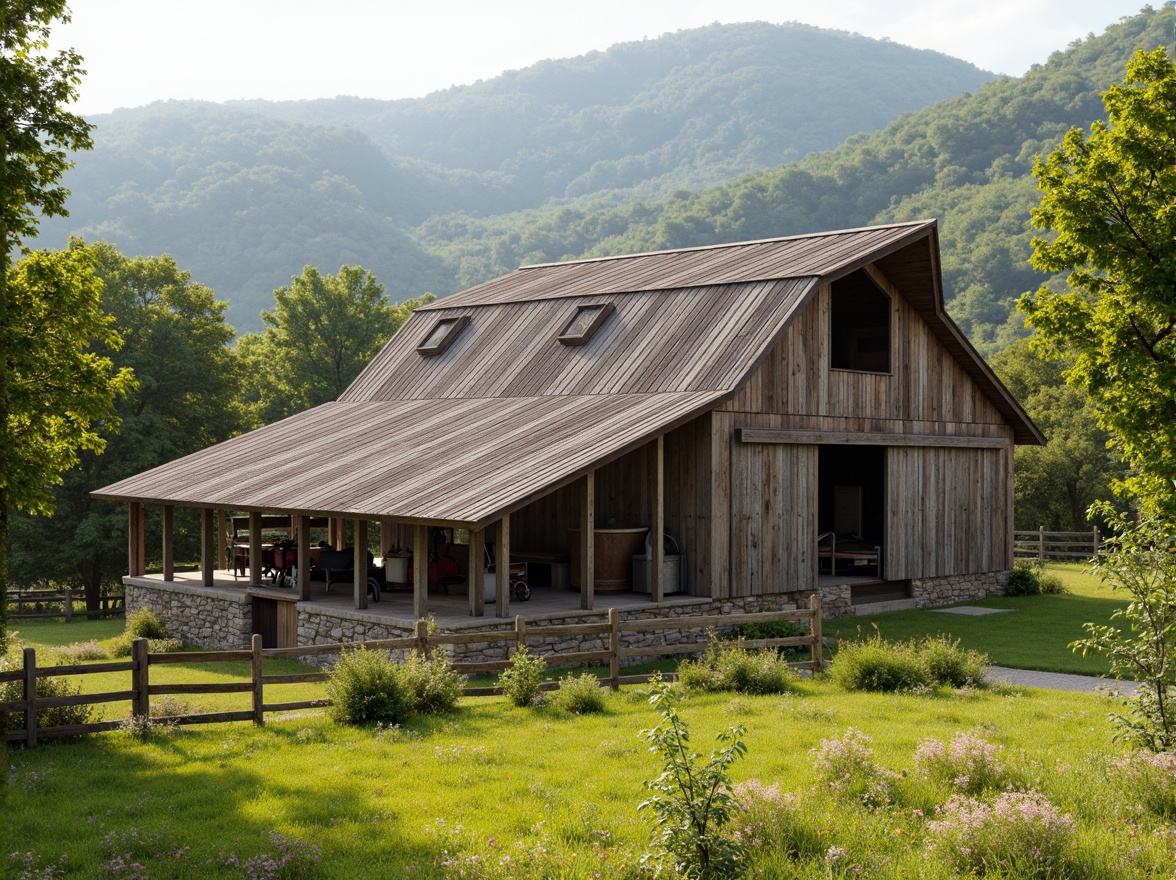 Prompt: Rustic barn, natural surroundings, rolling hills, lush green meadows, wildflowers, wooden fences, stone walls, earthy tones, weathered wood, corrugated metal roofs, sliding barn doors, hayloft windows, vintage farm equipment, rural landscape, serene atmosphere, warm sunlight, soft shadows, 1/2 composition, natural textures, ambient occlusion.