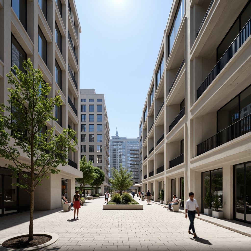 Prompt: Minimalist open plaza, clean lines, rectangular shapes, industrial materials, exposed ductwork, functional simplicity, bold typography, primary color accents, geometric patterns, urban landscape, modern cityscape, sunny day, high contrast lighting, deep depth of field, 1/1 composition, symmetrical framing, abstract textures, ambient occlusion.