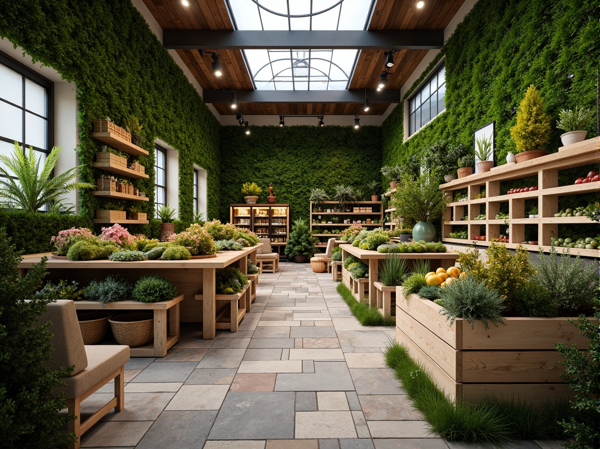 Prompt: Vibrant green walls, living plants, natural stone flooring, reclaimed wood accents, earthy color palette, organic produce displays, botanical-inspired signage, rustic wooden crates, woven basket shelves, abundant natural light, clerestory windows, skylights, warm ambient lighting, 3/4 composition, shallow depth of field, realistic textures, ambient occlusion.