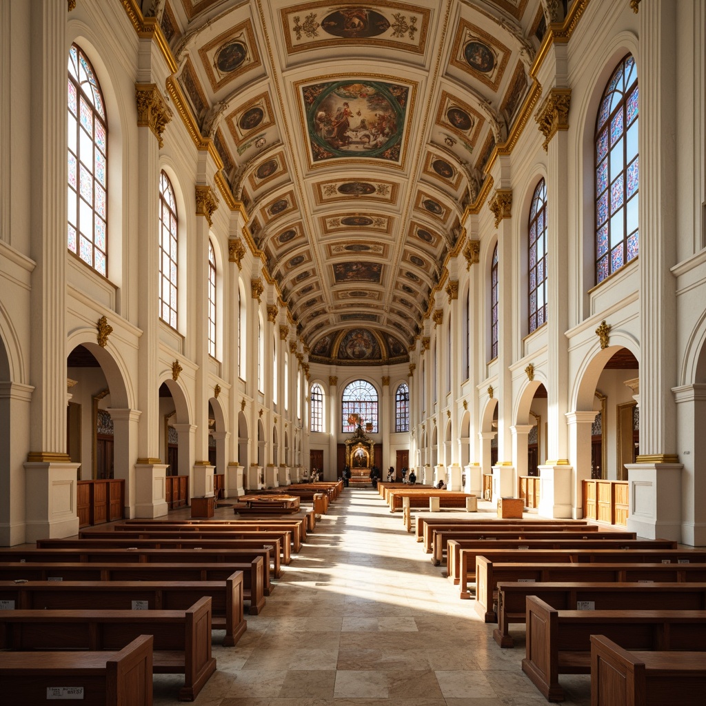 Prompt: Majestic neoclassical church, grandiose columns, ornate details, soft cream walls, rich gold accents, warm beige marble floors, stained glass windows, vibrant blue and red hues, intricate frescoes, high ceilings, dramatic archways, symmetrical composition, natural light pouring in, subtle shadows, realistic textures, ambient occlusion.