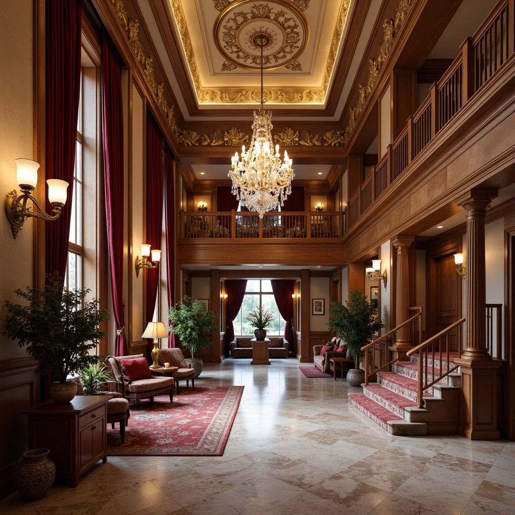 Prompt: Luxurious hotel lobby, marble floors, ornate chandeliers, grand staircase, rich wood paneling, velvet drapes, golden accents, intricate moldings, neoclassical columns, crystal sconces, plush furnishings, soft warm lighting, shallow depth of field, 1/1 composition, realistic textures, ambient occlusion.