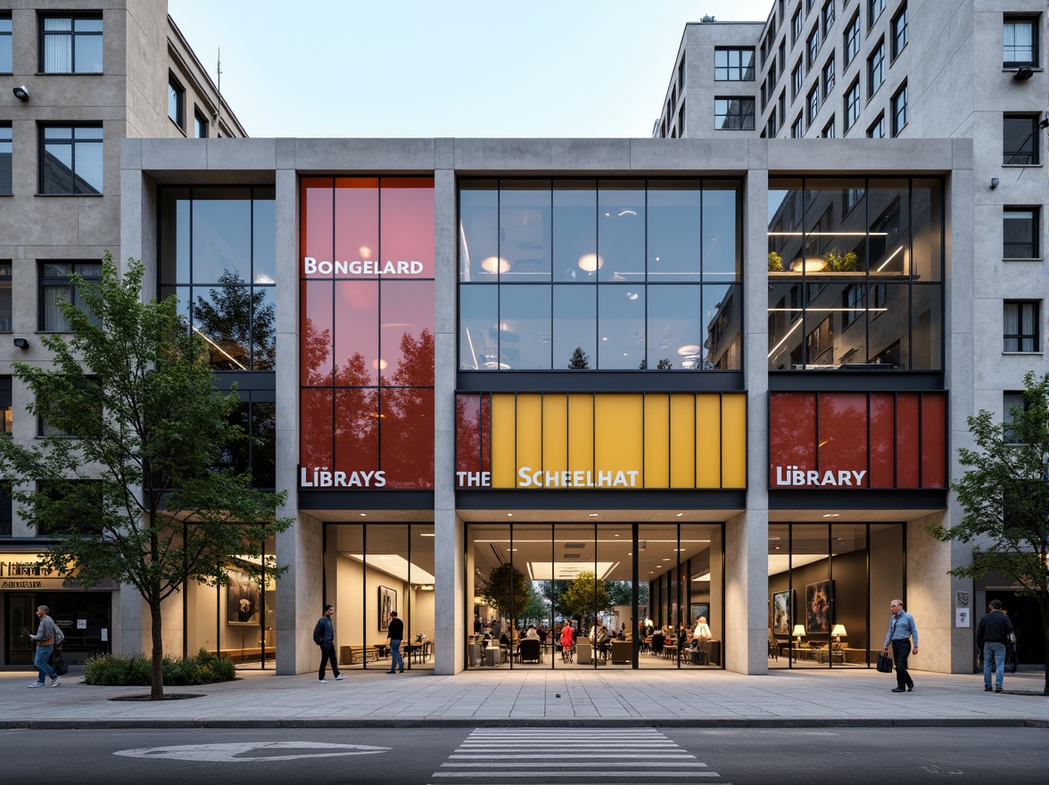 Prompt: Geometric library facade, asymmetrical composition, rectangular forms, industrial materials, steel beams, concrete walls, large glass windows, minimalist ornamentation, functional simplicity, bold color blocking, primary color accents, abstract typography, urban cityscape, busy streets, modernist architecture, clean lines, rectangular shapes, natural light pouring in, high contrast lighting, shallow depth of field, 2/3 composition, realistic textures, ambient occlusion.