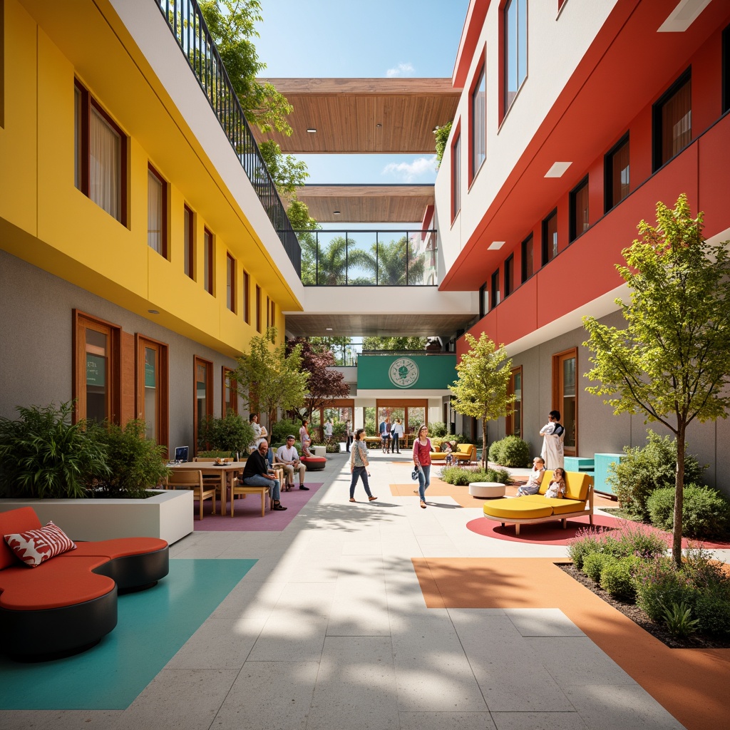 Prompt: Vibrant student halls, modern architectural design, bold color scheme, energetic atmosphere, youthful vibe, bright corridors, lively common areas, cozy study nooks, warm lighting, comfortable furniture, natural wood accents, calming greenery, playful patterns, geometric shapes, contrasting textures, dynamic visual interest, 3/4 composition, shallow depth of field, realistic rendering.