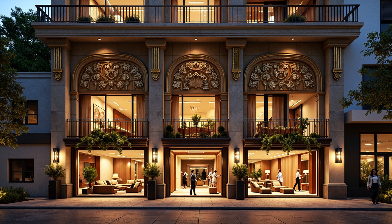 Prompt: Vibrant boutique hotel, ornate facade embellishments, intricate stone carvings, grand entrance archways, luxurious golden accents, majestic columns, elegant balconies, ornamental metalwork, lavish glass decorations, sophisticated LED lighting, warm inviting ambiance, shallow depth of field, 1/1 composition, realistic textures, ambient occlusion.