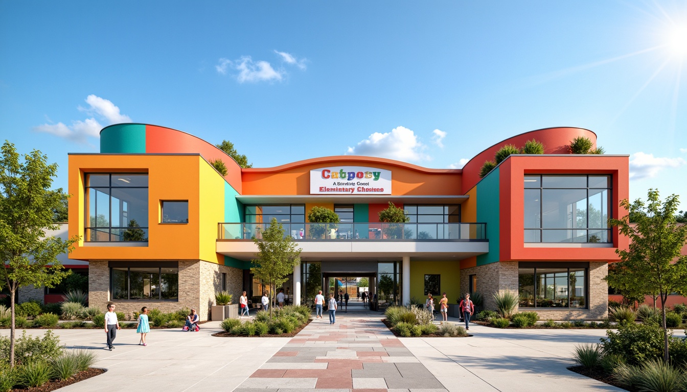 Prompt: Vibrant elementary school facade, playful color scheme, curved lines, modern architecture, large windows, glass doors, natural stone walls, brick accents, educational signage, whimsical sculptures, outdoor learning spaces, green roofs, solar panels, wind turbines, water conservation systems, eco-friendly materials, innovative cooling technologies, shaded outdoor areas, misting systems, colorful murals, geometric patterns, 3/4 composition, panoramic view, realistic textures, ambient occlusion.