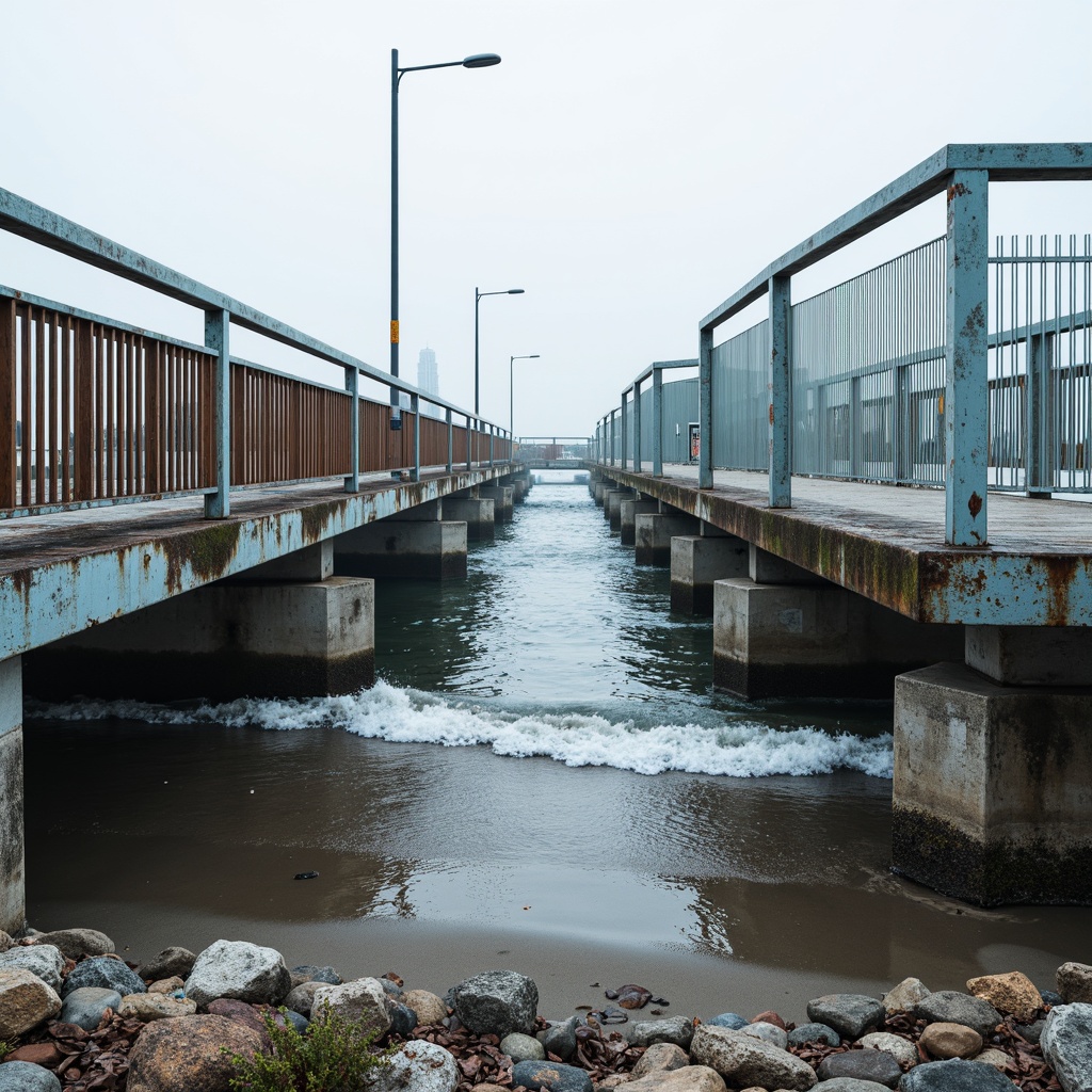 Prompt: Weathered steel bridges, rustic wooden piers, ocean-inspired railings, driftwood accents, sea-salted concrete foundations, coral-patterned stonework, misty morning light, soft ocean breeze, gentle wave movements, sandy beach approaches, rocky shoreline surroundings, nautical-themed signage, distressed metal textures, ocean-blue glass railings, curved structural lines, minimalist modern architecture, functional lighting systems, shallow water reflections, 1/2 composition, atmospheric perspective.