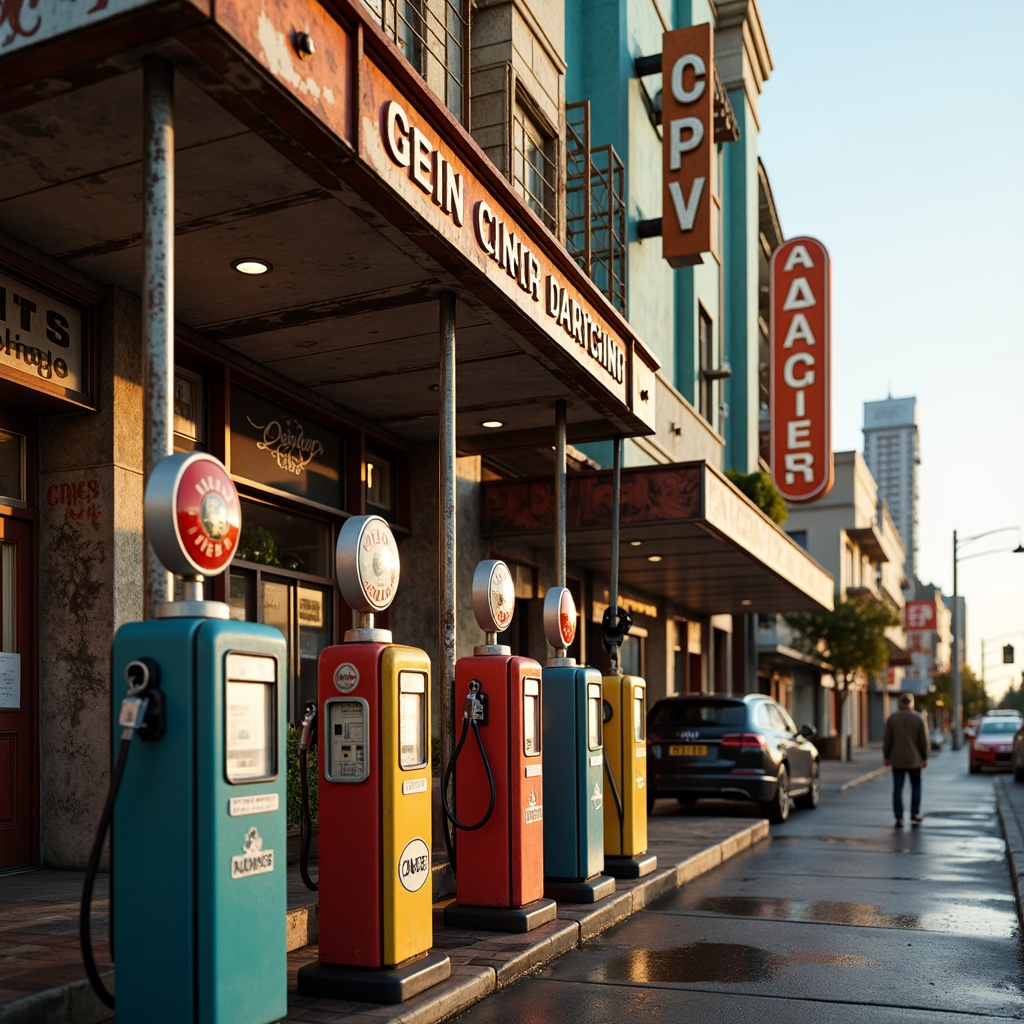 Prompt: Retro-style gas pumps, eclectic architecture, bold color schemes, vintage signage, distressed textures, rusty metal accents, reclaimed wood elements, industrial lighting fixtures, urban cityscape, busy streets, morning sunlight, shallow depth of field, 1/2 composition, realistic reflections, ambient occlusion, neon signs, nostalgic typography, ornate details, Art Deco influences, steampunk inspirations.