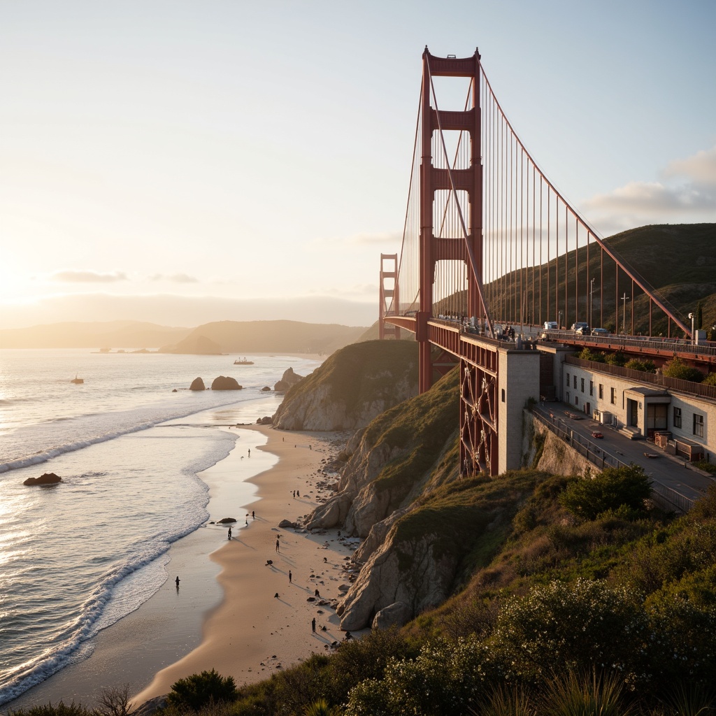 Prompt: Scenic coastal bridge, gentle ocean waves, sandy beach shores, rocky cliffs, misty morning fog, warm golden lighting, modern suspension design, sleek steel cables, sturdy pillars, pedestrian walkways, cyclist lanes, vehicular traffic flow, nautical-themed railings, weathered wooden planks, driftwood accents, seagull silhouettes, sailboat reflections, 1/2 composition, atmospheric perspective, soft focus blur, realistic water simulations.