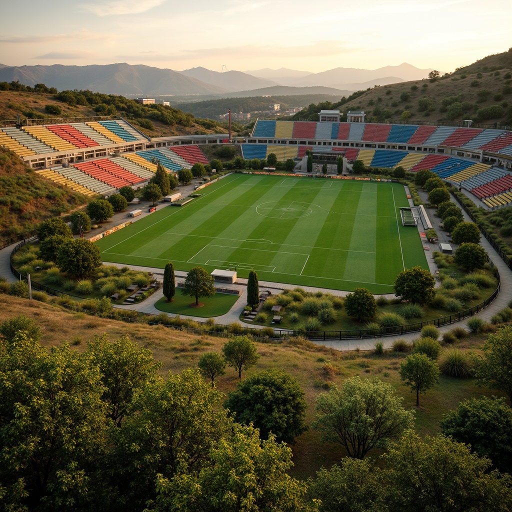 Prompt: Savanna landscape, lush green grass, scattered acacia trees, rolling hills, natural stone terracing, rustic wooden fences, soccer stadium architecture, curved grandstands, vibrant team colors, floodlighting, evening atmosphere, warm golden lighting, shallow depth of field, 3/4 composition, panoramic view, realistic textures, ambient occlusion, tropical plants, exotic flowers, meandering pathways, organic shapes, earthy tones, natural materials, eco-friendly design.