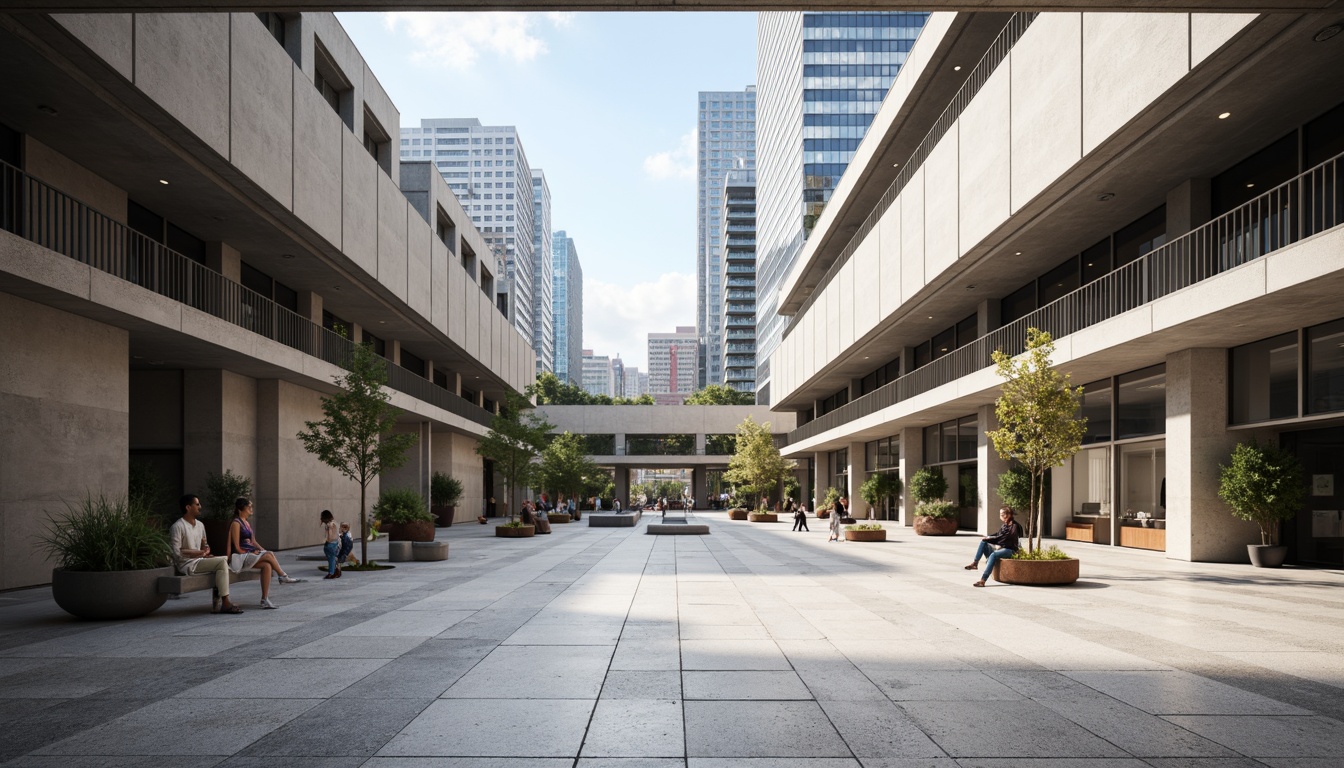 Prompt: Minimalist open plaza, clean lines, rectangular shapes, industrial materials, exposed ductwork, functional simplicity, bold typography, primary color accents, geometric patterns, urban landscape, modern cityscape, sunny day, high contrast lighting, deep depth of field, 1/1 composition, symmetrical framing, abstract textures, ambient occlusion.