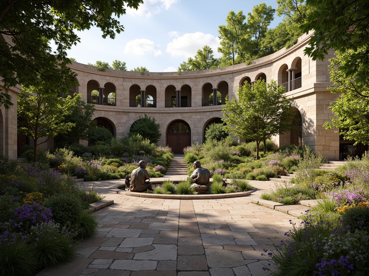 Prompt: Lush greenery, vibrant flowers, rustic stone walls, curved archways, grand amphitheater, Romanesque architecture, ornate carvings, weathered bronze statues, natural stone seating, tiered landscaping, meandering walkways, tranquil water features, soft warm lighting, shallow depth of field, 3/4 composition, panoramic view, realistic textures, ambient occlusion.